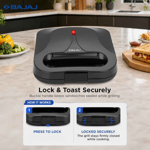 Bajaj SWX 5 800-Watt 2-Slice Sandwich Toaster | Non-Stick Coated Plates for Easy-to-Clean | Upright Compact Storage | Buckle Clips Lock | 2 Years Warranty | Black