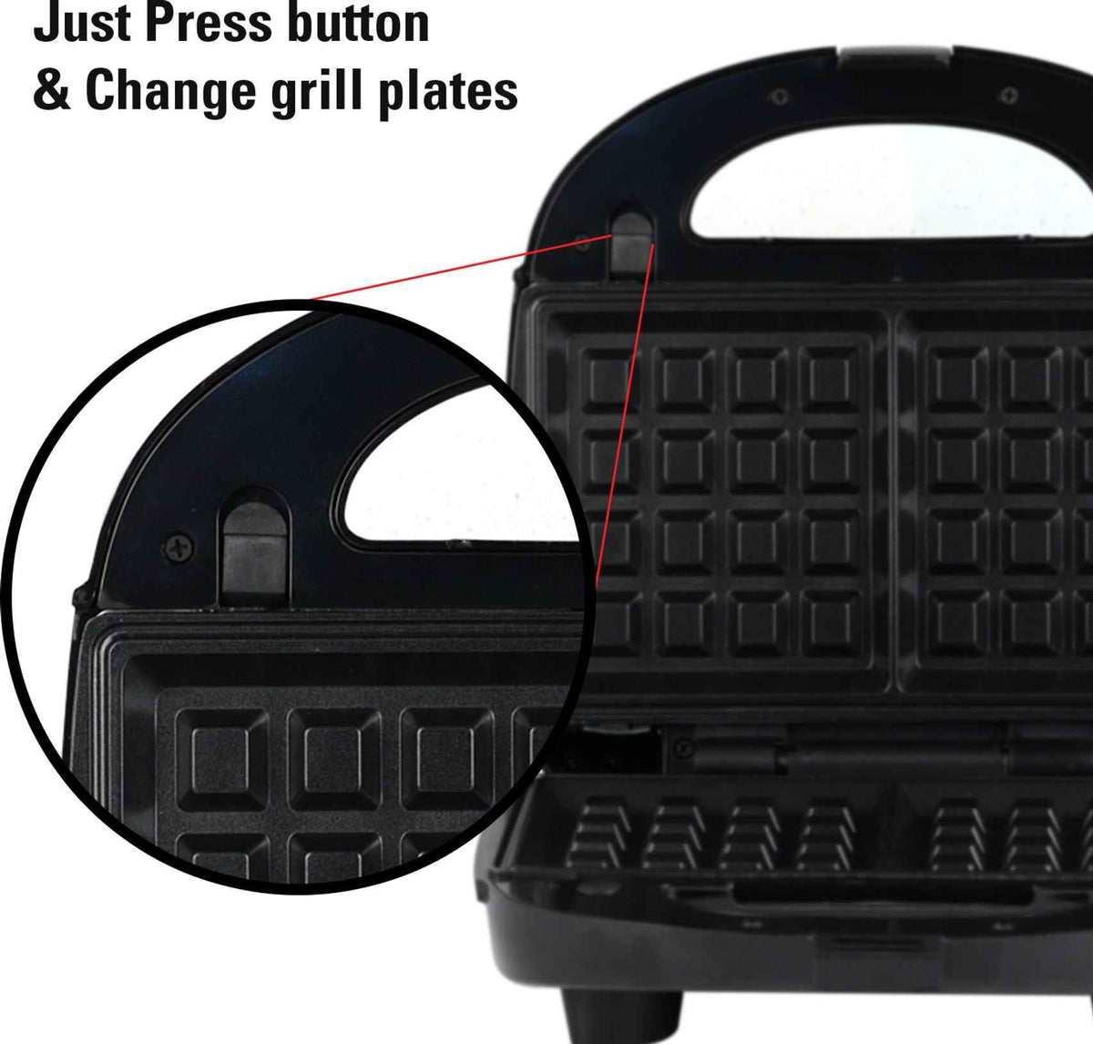 iBELL SM1301 Sandwich Maker 3 in 1, Detachable Plates for Toast, Waffle, Grill, 750W Toast, Grill, Waffle (Black)