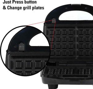 iBELL SM1301 Sandwich Maker 3 in 1, Detachable Plates for Toast, Waffle, Grill, 750W Toast, Grill, Waffle (Black)
