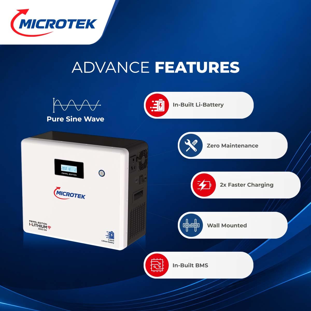 MICROTEK:INVERTER UPS:I LITHIUM 3000 SW 2.2KVA/2200VA/1700W+100AH 25.6V LITHIUM COMBO