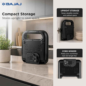 Bajaj SWX 5 800-Watt 2-Slice Sandwich Toaster | Non-Stick Coated Plates for Easy-to-Clean | Upright Compact Storage | Buckle Clips Lock | 2 Years Warranty | Black
