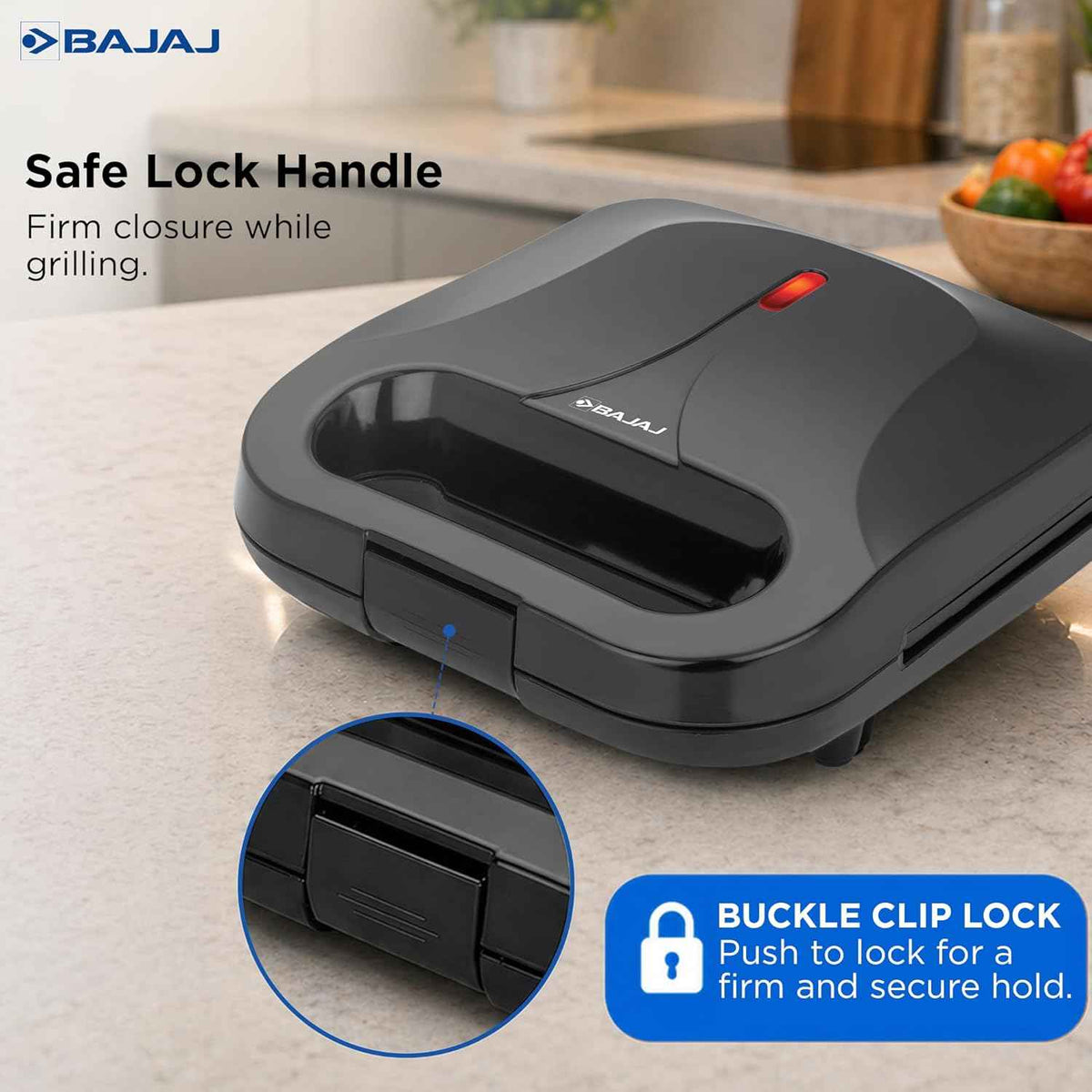 Bajaj SWX 6 800-Watt 2-Slice Sandwich Griller | Non-Stick Coated Plates for Easy-to-Clean | Upright Compact Storage | Buckle Clips Lock | 2 Years Warranty | Black