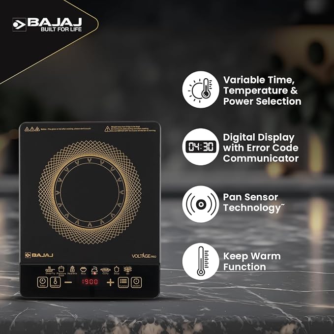 Bajaj ICX 190FS Induction Stove | 1900 Watts | Voltage Pro | Feather Touch Controls | 9 Preset Menu | Digital Display | 1 Yr Warranty (Black)