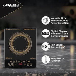 Bajaj ICX 190FS Induction Stove | 1900 Watts | Voltage Pro | Feather Touch Controls | 9 Preset Menu | Digital Display | 1 Yr Warranty (Black)