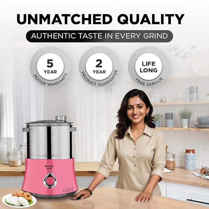 Preethi Iconic Table Top Wet Grinder, 2 L (Pink) with Bi-Directional Grinding Technology