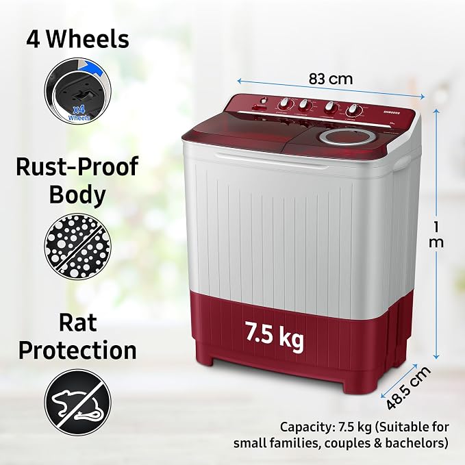 SAMSUNG:WASHING MACHINE:WT75B3200RR/TL 7.5 KG LIGHT GRAY WITH RED BASE