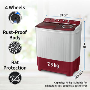 SAMSUNG:WASHING MACHINE:WT75B3200RR/TL 7.5 KG LIGHT GRAY WITH RED BASE