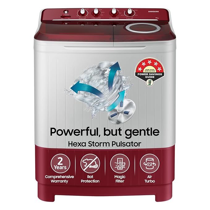 SAMSUNG:WASHING MACHINE:WT75B3200RR/TL 7.5 KG LIGHT GRAY WITH RED BASE