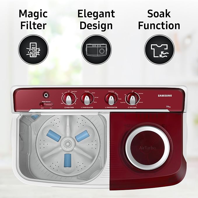 SAMSUNG:WASHING MACHINE:WT75B3200RR/TL 7.5 KG LIGHT GRAY WITH RED BASE