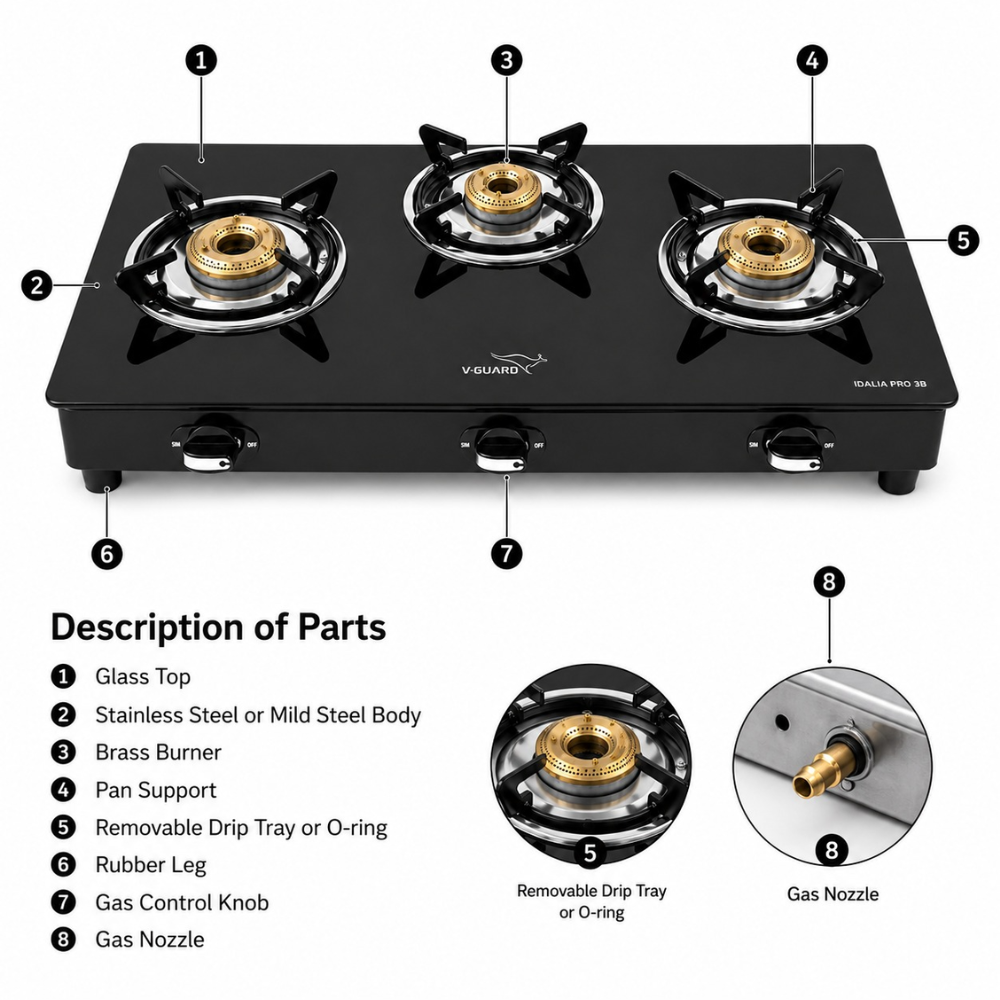 V GUARD:GAS STOVE:Idalia PRO 3B Glass Top Gas Stove