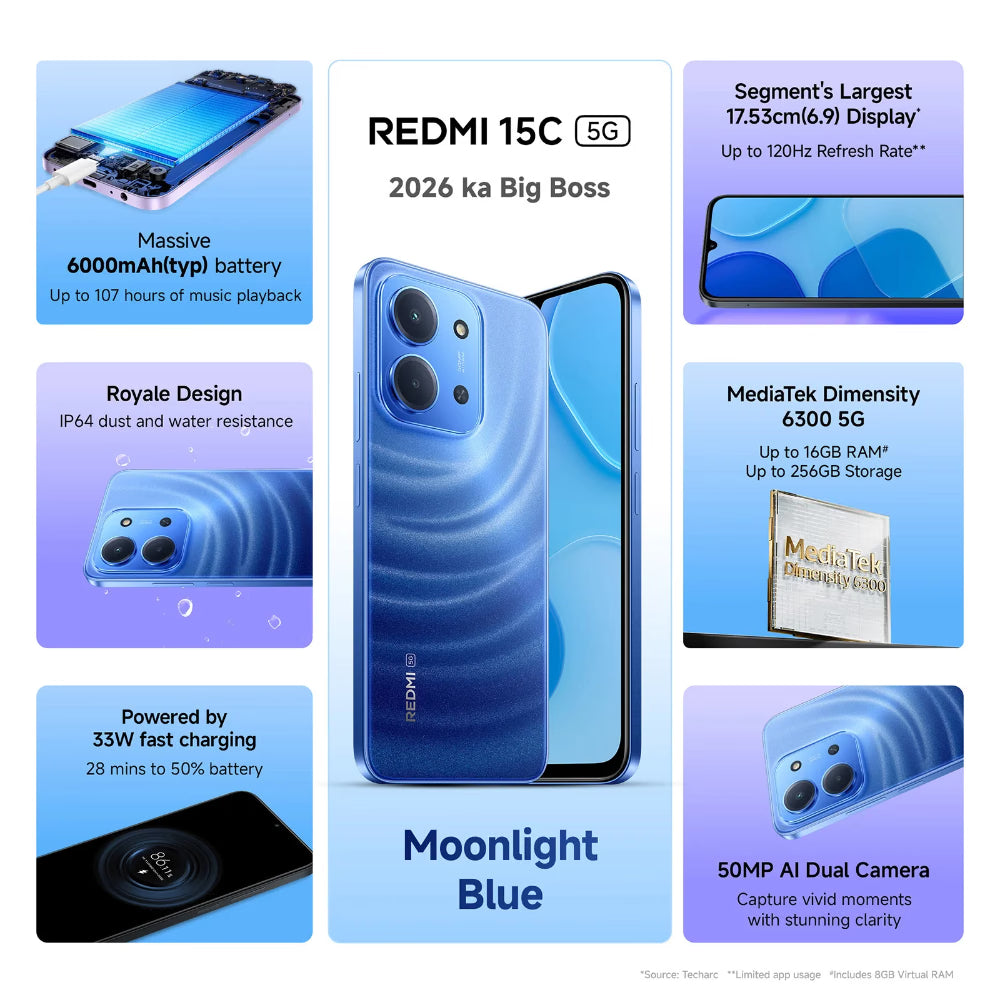 XIAOMI:SMART PHONES:REDMI 15C 6/128GB 5G MOONLIGHT BLUE (NEW)