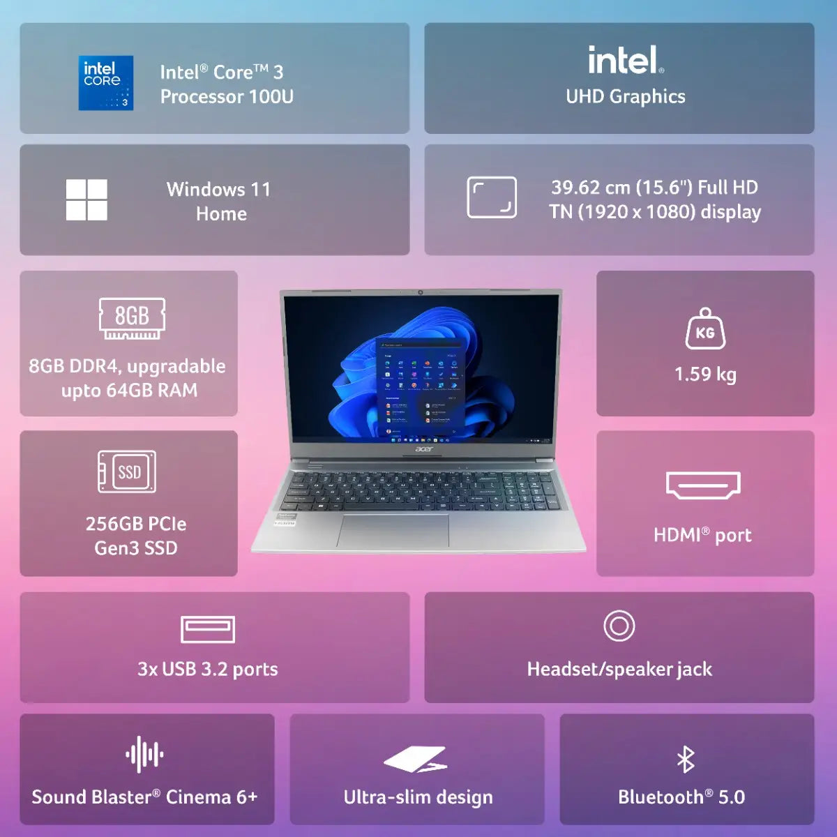 ACER:LAPTOPS: ASPIRE LITE UN.34ESI.02X CORE 3 100U | 8GB | 256GB SSD | 15" FHD IPS | WIN 11 | STEEL GRAY