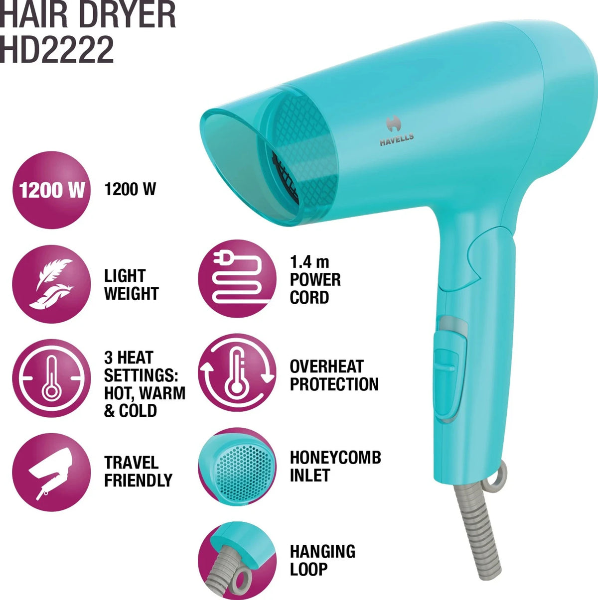HAVELLS:HAIR DRYER:DRYER HD2222 1200 WATTS