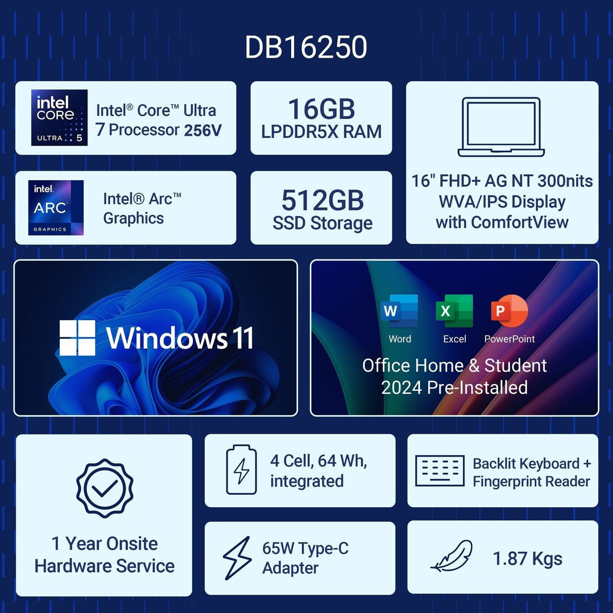 DELL:LAPTOPS: 16 PLUS DB16250 ODB1625021201RINU1 ULTRA 7 256V | 16GB | 512GB SSD | 16" FHD+ IPS | WIN 11 | MSO | ICE BLUE