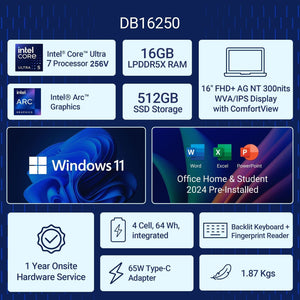 DELL:LAPTOPS: 16 PLUS DB16250 ODB1625021201RINU1 ULTRA 7 256V | 16GB | 512GB SSD | 16" FHD+ IPS | WIN 11 | MSO | ICE BLUE