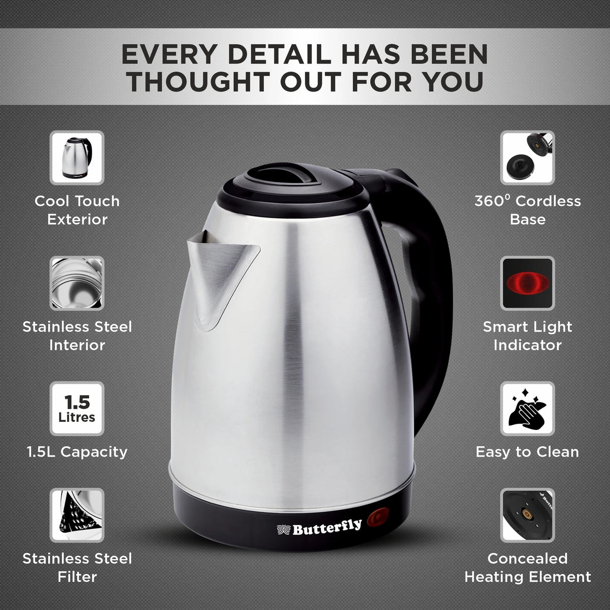 BUTTERFLY:ELECTRIC KETTLE:EVO PRO 1.5 L ELECTRIC KETTLE
