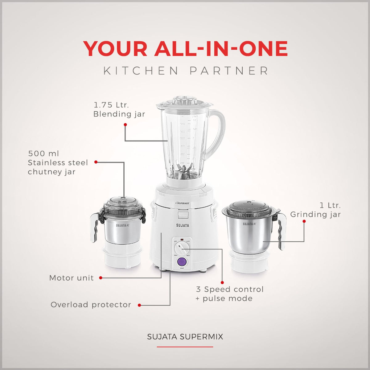 SUJATA:MIXER GRINDER:SUPERMIX 3 JAR