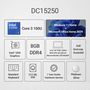 DELL:LAPTOPS: (N) DELL 15250 ODC15250020N1RINS1 CORE 3 100U | 8GB | 512GB SSD | 15.6" FHD 120HZ | WIN 11 | MSO | PLATINUM SILVER